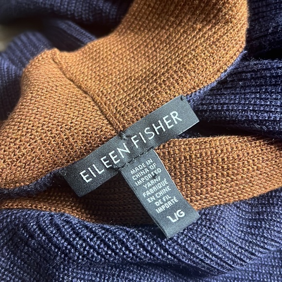 EILEEN FISHER Navy Blue Brown Trim Tencel Silk Knit Open Long Cardigan L - Picture 4 of 9